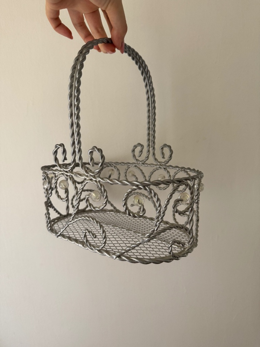 Silver metallic decorative basket with beads, metal holder storage baskets decor